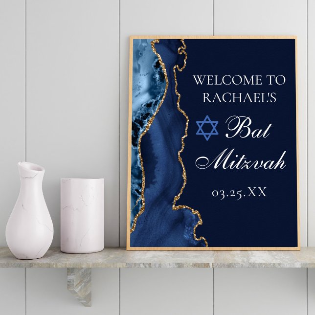 Elegantes Navy Blue Gold Agate Bat Mitzvah Party Poster (Von Creator hochgeladen)