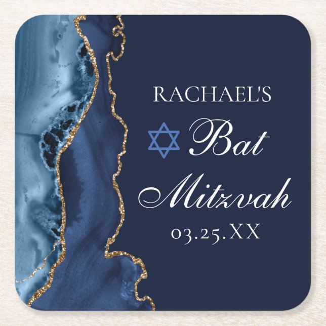 Elegantes Navy Blue Gold Agate Bat Mitzvah Party Rechteckiger Pappuntersetzer (Vorderseite)