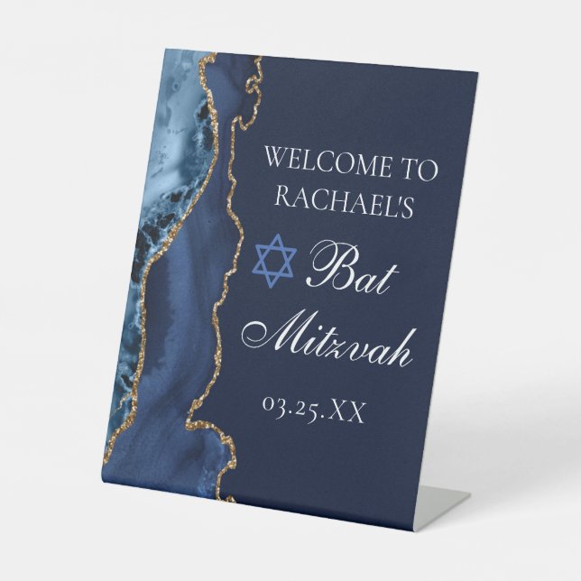 Elegantes Navy Blue Gold Agate Bat Mitzvah Party Sockelschild (Vorderseite)