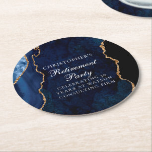 Elegantes Navy Blue Gold Agate Retirement Party Runder Pappuntersetzer