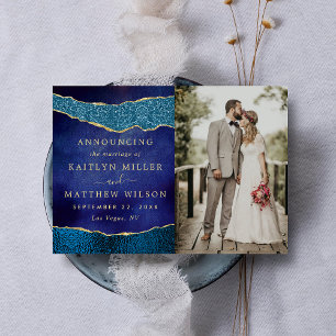 Elegantes Navy Blue & Gold Agate Wedding Foto Ankündigung