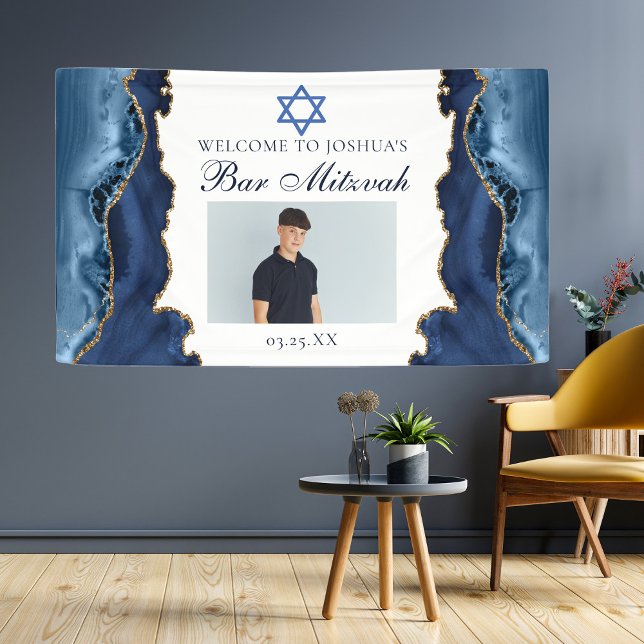 Elegantes Navy Blue Gold Bar Mitzvah Party Foto Banner (Von Creator hochgeladen)