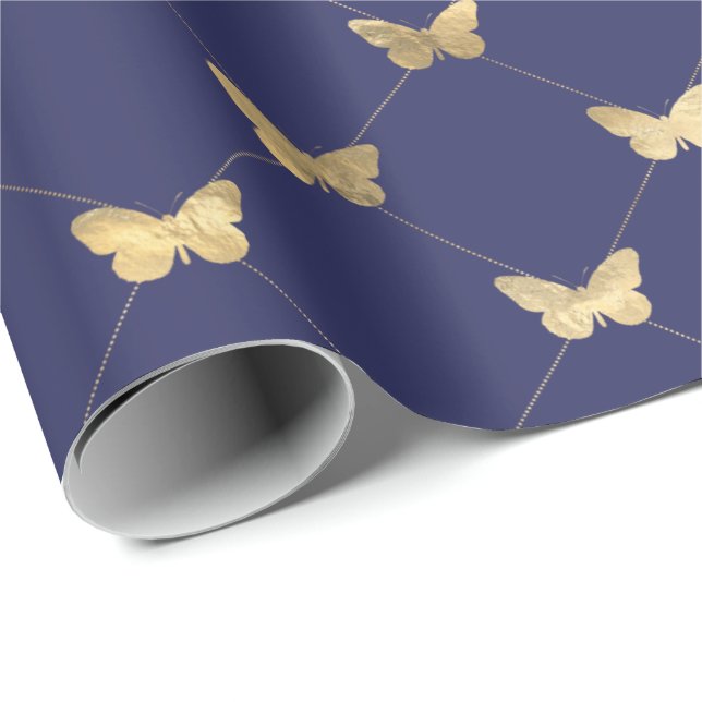 Elegantes Navy Blue Gold Butterfly Muster Geschenkpapier (Rolleneckpunkt)