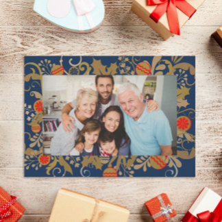 Elegantes Navy Blue & Gold Custom Foto Weihnachten Folien Feiertagskarte