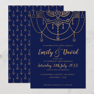 Elegantes Navy Blue Gold Design Muster Hochzeit Einladung