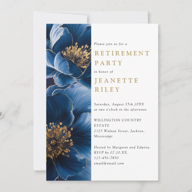 Elegantes Navy Blue Gold Floral Retirement Party Einladung (Vorderseite)