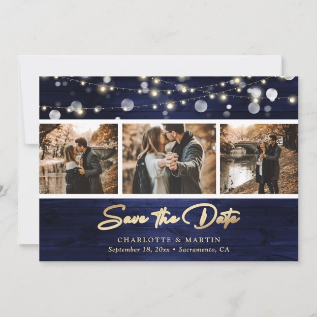 Elegantes Navy Blue Gold Foil Wood Wedding Foto Save The Date (Vorderseite)