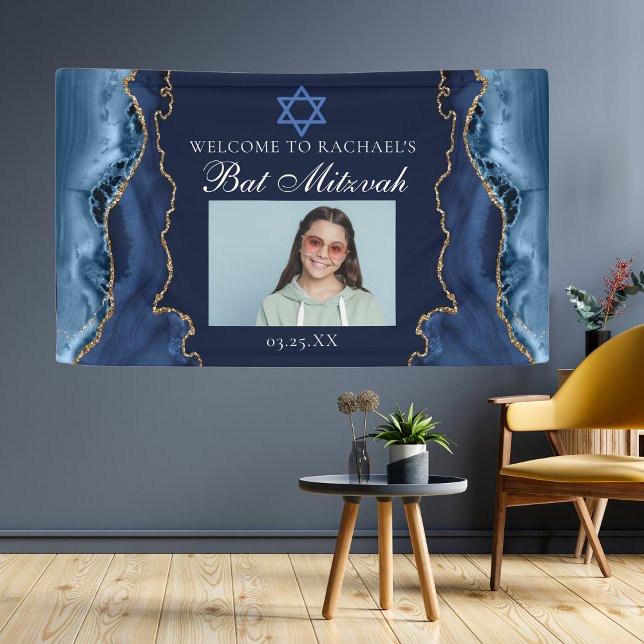 Elegantes Navy Blue Gold Foto Bat Mitzvah Party Banner (Von Creator hochgeladen)