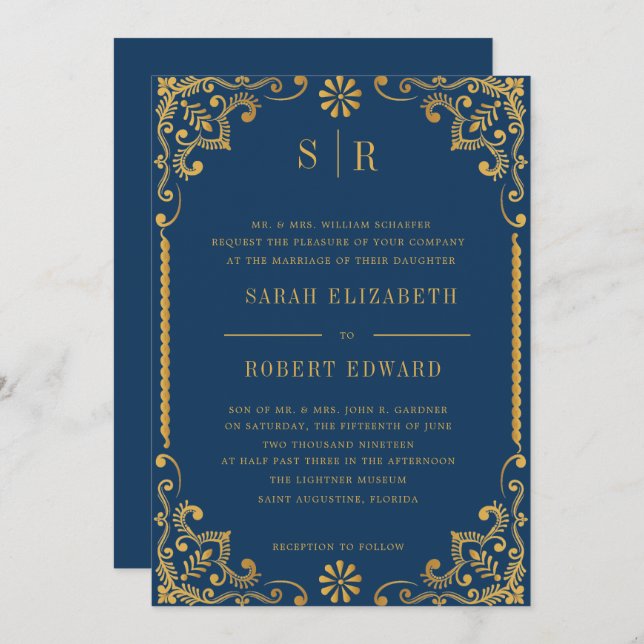 Elegantes Navy Blue Gold Frame Probe Dinner Einladung (Vorne/Hinten)