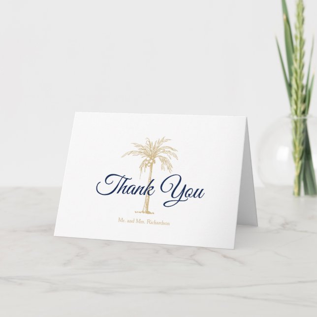 Elegantes Navy Blue Gold Palm Tree Wedding Foto Dankeskarte (Vorderseite)