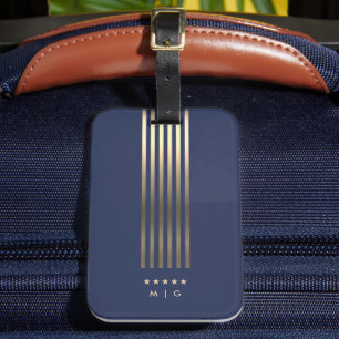 Elegantes Navy Blue Gold Streifen Stars Monogramm Gepäckanhänger