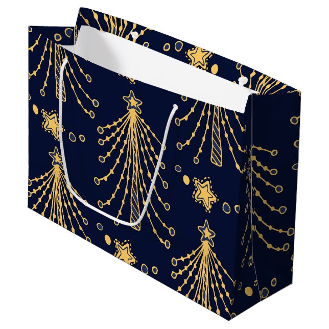Elegantes Navy Blue Gold Weihnachtsbaum Star Muste Große Geschenktüte (Vorderseite Schrägansicht)