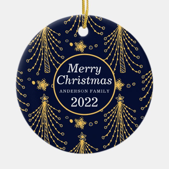 Elegantes Navy Blue Gold Weihnachtsbaum Star Muste Keramik Ornament (Vorne)