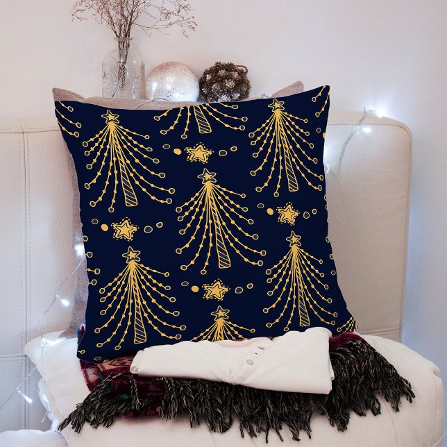 Elegantes Navy Blue Gold Weihnachtsbaum Star Muste Kissen (Von Creator hochgeladen)