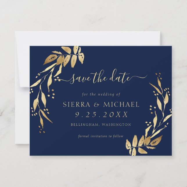 Elegantes Navy Blue Golden Foliage Save the Date Einladung (Vorderseite)