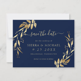 Elegantes Navy Blue Golden Foliage Save the Date Einladung
