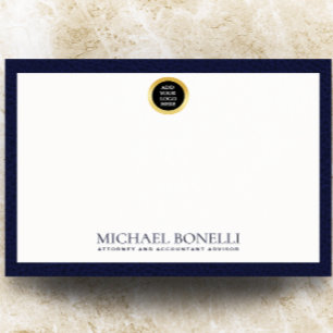 Elegantes Navy Blue Leather Gold Round Logo Monogr Mitteilungskarte