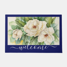 Elegantes Navy Blue Magnolia Floral Begrüßungsschr Fußmatte