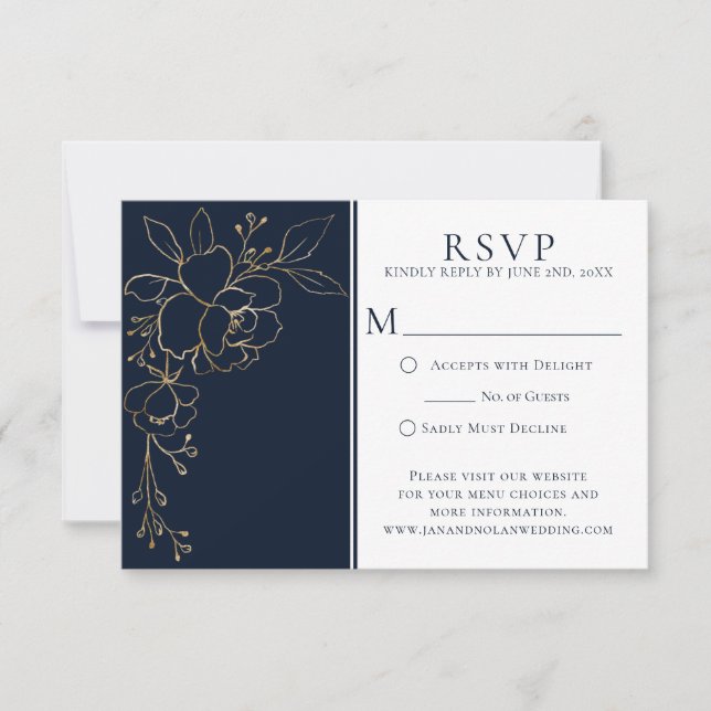 Elegantes Navy Blue mit goldgeätzten Rose Bouquet RSVP Karte (Vorderseite)