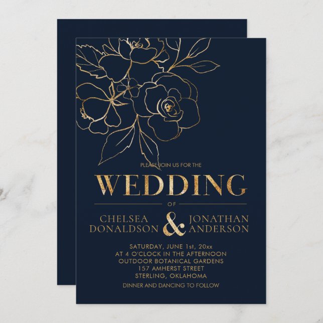 Elegantes Navy Blue mit goldgezeichneten Rose Hoch Einladung (Vorne/Hinten)