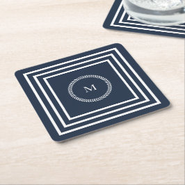 Elegantes Navy Blue Monogramm mit weißem Rahmen Rechteckiger Pappuntersetzer