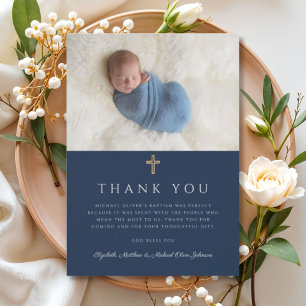 Elegantes Navy Blue Religious Boy Foto Dankeskarte