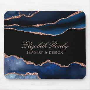 Elegantes Navy Blue Rose Gold Agate Black Business Mousepad