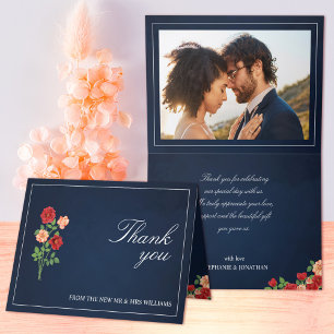 Elegantes Navy Blue Rote Rose Floral Foto Hochzeit Dankeskarte