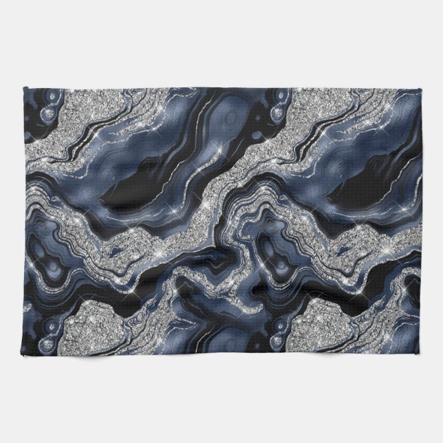 Elegantes Navy Blue & Silver Glitzer Agate Pattern Geschirrtuch (Horizontal)
