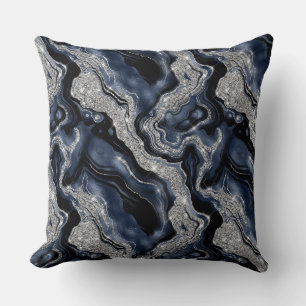 Elegantes Navy Blue & Silver Glitzer Agate Pattern Kissen