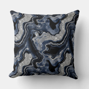 Elegantes Navy Blue & Silver Glitzer Agate Pattern Kissen