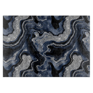 Elegantes Navy Blue & Silver Glitzer Agate Pattern Schneidebrett