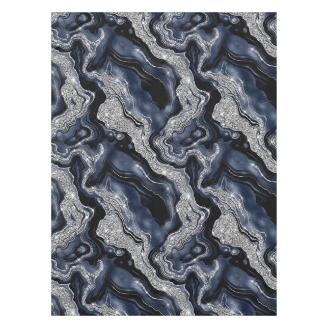 Elegantes Navy Blue & Silver Glitzer Agate Pattern Tischdecke (Vorderseite)