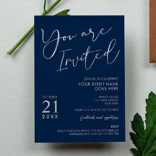 Elegantes Navy Blue & Silver Script Company Party Einladung