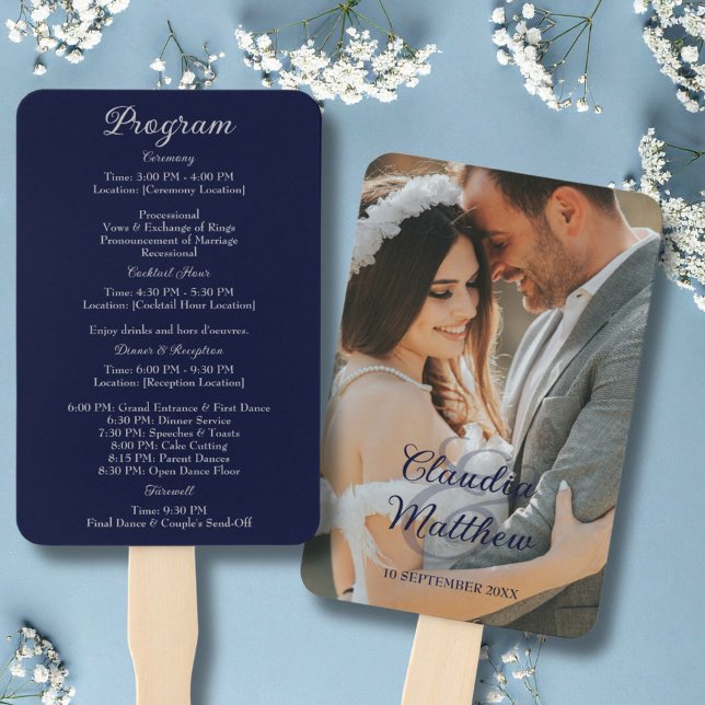 Elegantes Navy Blue & Silver Script Hochzeitsprogr Fächer (Elegant Navy Blue & Silver Script Wedding Program Hand Fan)