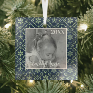 Elegantes Navy Blue Snowflake Foto Personalisiert Ornament Aus Glas