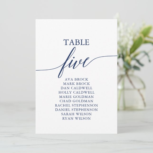 Elegantes Navy Blue Tischnummer 5 Seating Chart (Stehend Vorderseite)