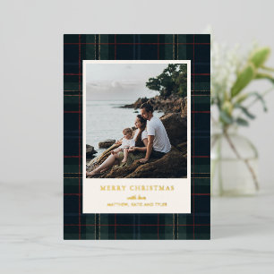 Elegantes Navy Blue und Green Kariertes Foto Weihn Folien Feiertagskarte