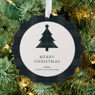 Elegantes Navy Blue und Green Kariertes Foto Weihn Ornament Karte