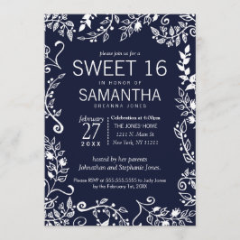 Elegantes Navy Blue und White Floral Sweet 16 Einladung
