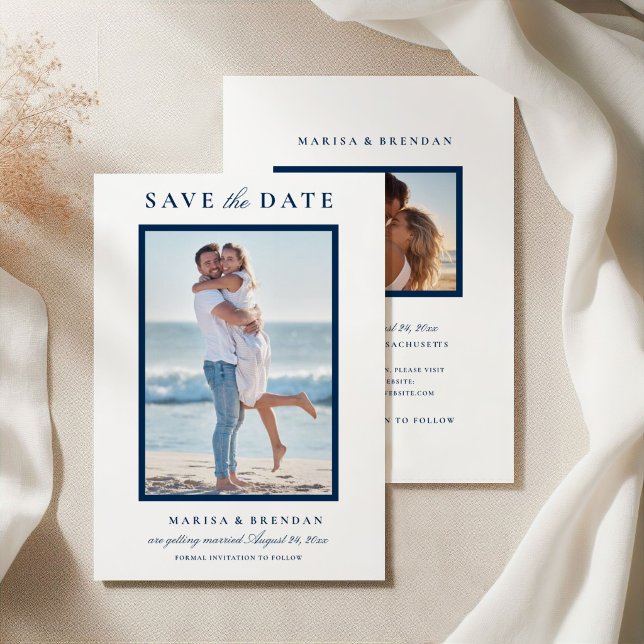 Elegantes Navy Blue Wedding Foto Save The Date (Von Creator hochgeladen)