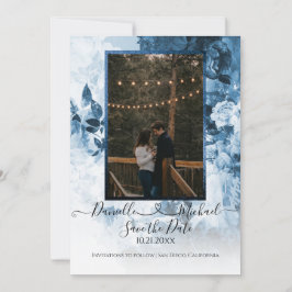Elegantes Navy Blue White Floral Script Heart Foto Save The Date