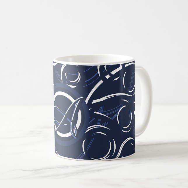 Elegantes Navy Blue & White Mit Monogramm Pattern Kaffeetasse (VorderseiteRechts)