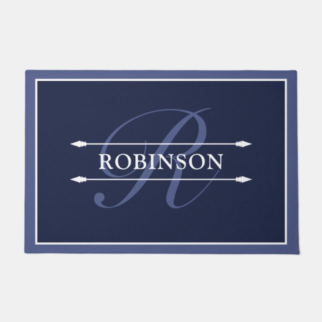 Elegantes Navy Blue White Monogram & Name Fußmatte (Vorderseite)