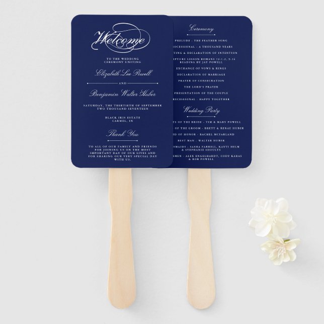Elegantes Navy Blue & White Script Hochzeitsprogra Fächer (Vorne und Hinten)