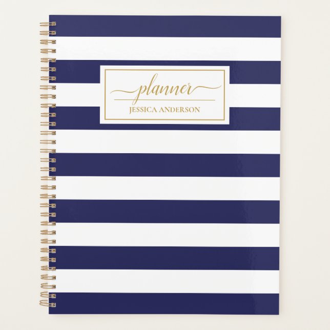 Elegantes Navy Blue White Stripes Muster Planer (Vorderseite)