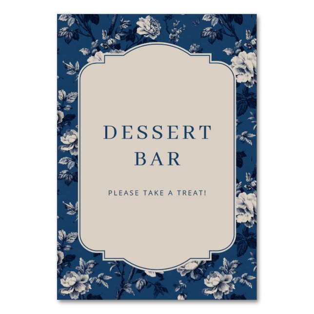 Elegantes Navy-Blumen-Dessertbar-Schild Tischnummer (Vorderseite)