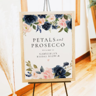 Elegantes Navy Blush Petals & Prosecco Brautparty Poster