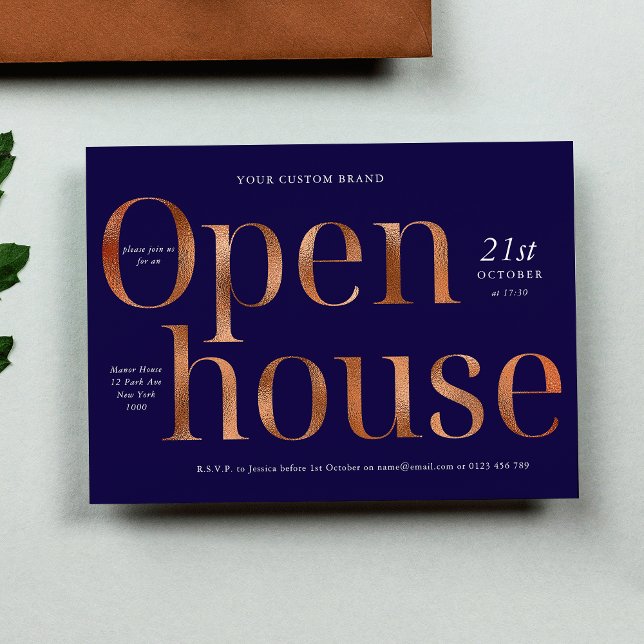 Elegantes Navy & Bronze Gold Business Open House Einladung (Elegant Navy & Bronze Gold Business Open House Invitation)