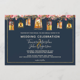 Elegantes Navy Coral Floral Foto Hochzeit Einladung